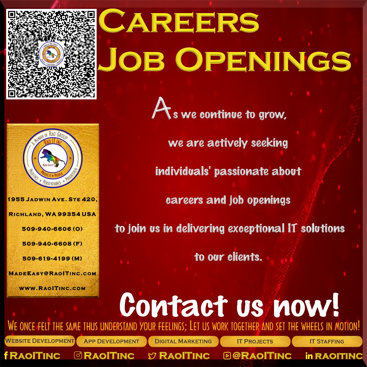 Careers Job Openings Rao IT inc. Tri cities Richland WA 5099406606