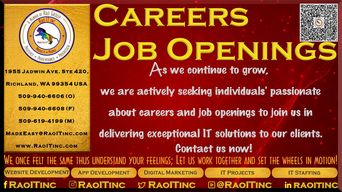 Careers Job Openings Rao IT inc. Tri cities Richland WA 5099406606